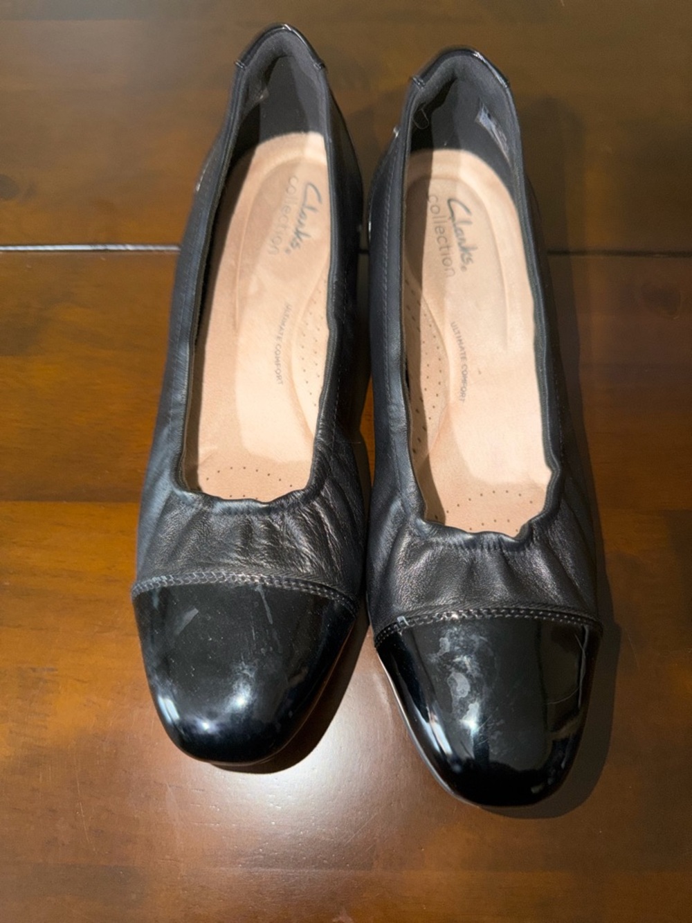 Clarks Black Leather Flats with Glossy Black Toe